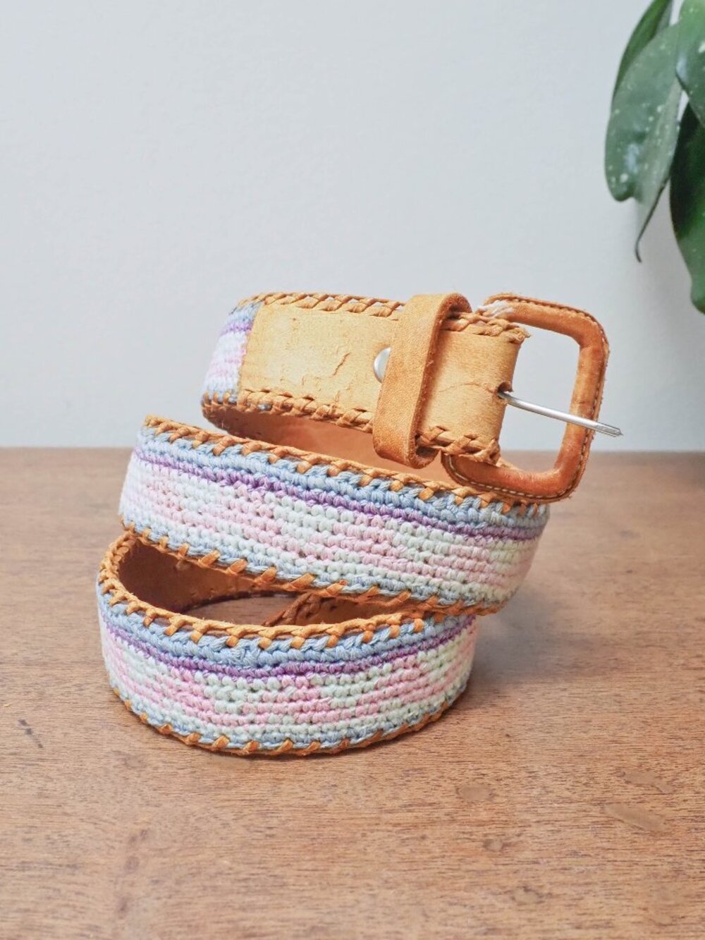 80s Leather Cross Stitch Belt - Size 30 - Blue Pink Purple